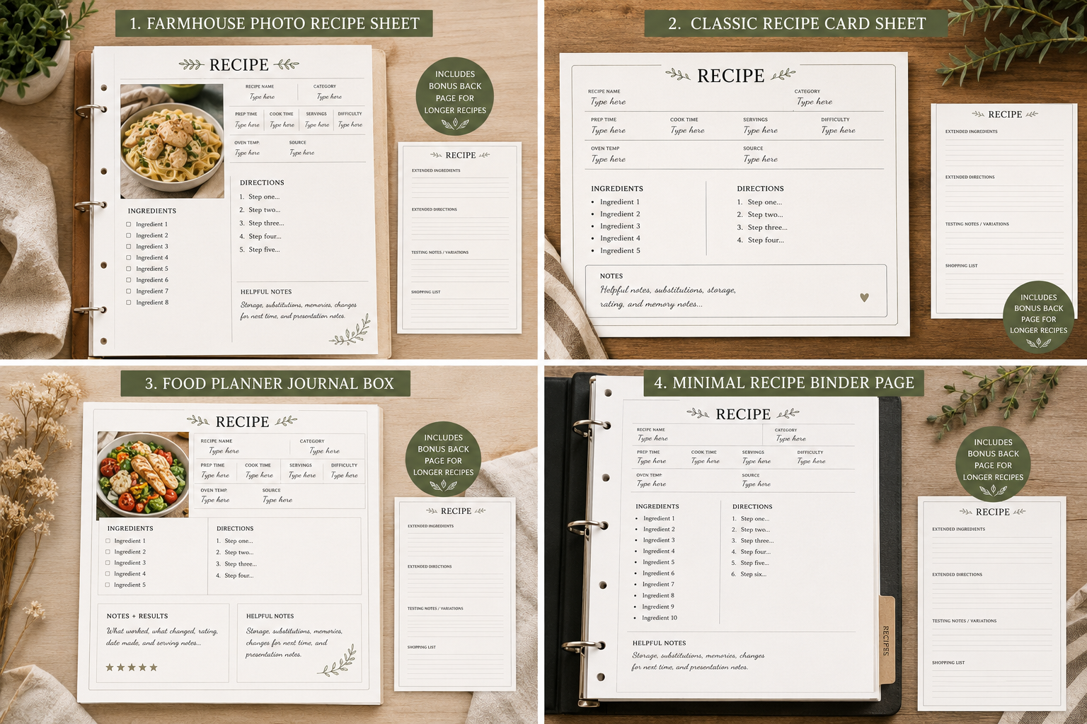 Editable Recipe Book Template Bundle | Recipe Binder Pages, Recipe Cards, Fillable PDF + Word Templates